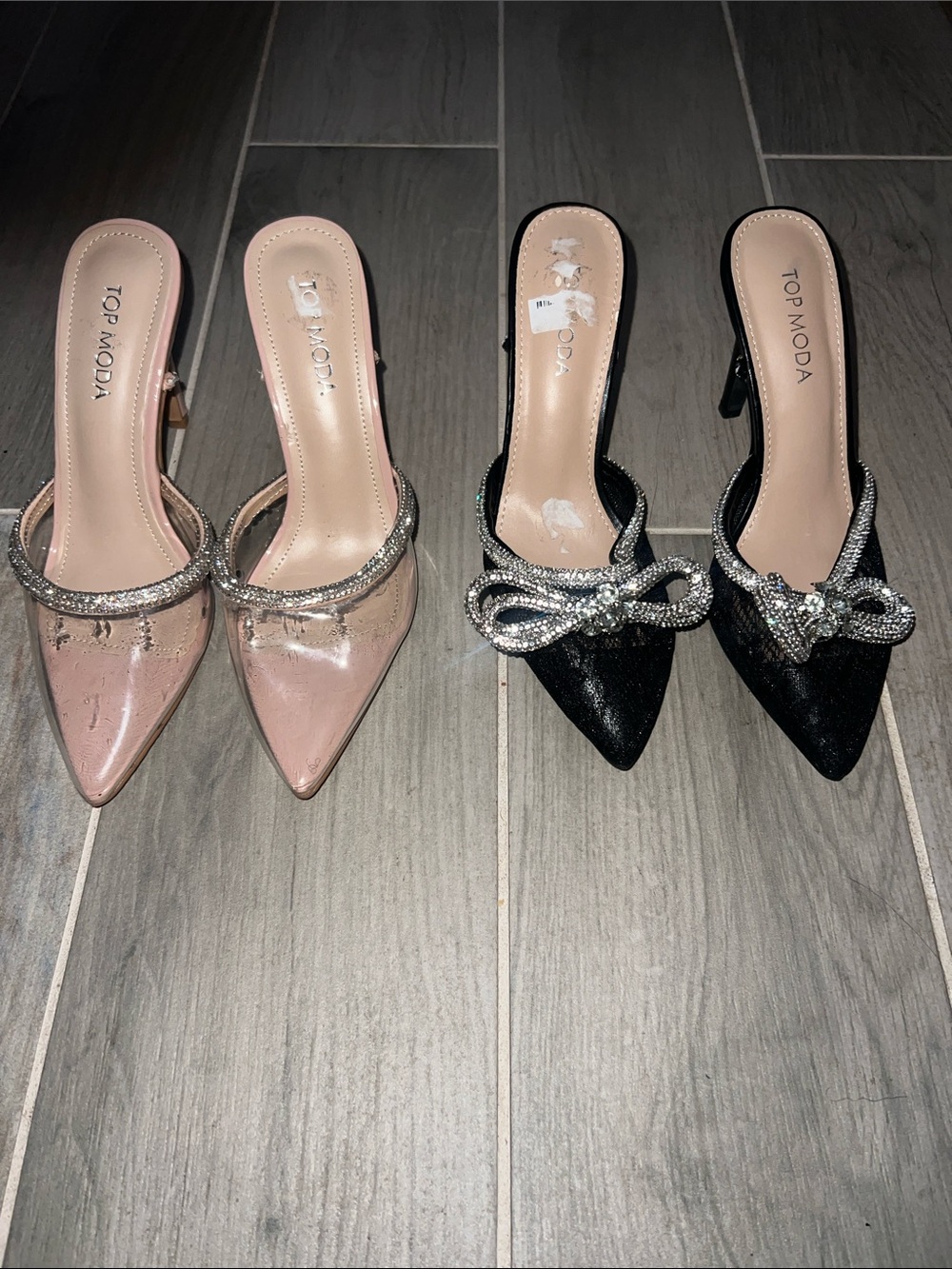 TOP Moda Pointed Toe Rhinestone Bow Mules in Pink & Black